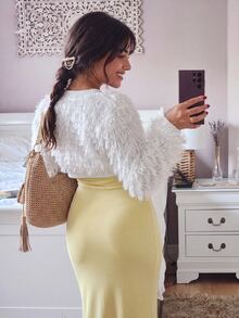 SHEIN ICON Sexy Elegant Style V-Neck Loose Slimming Faux Fur Jacket Party Night Out Date Night White Winter - White - View 2