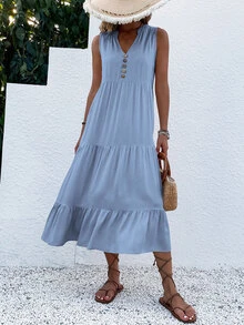 LUMIGAL Button Detail Ruffle Hem Smock Dress Maxi Women Outfit - Baby Blue - View 5