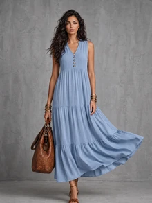 LUMIGAL Button Detail Ruffle Hem Smock Dress Maxi Women Outfit - Baby Blue - View 3
