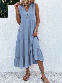 LUMIGAL Button Detail Ruffle Hem Smock Dress Maxi Women Outfit - Baby Blue - View 4