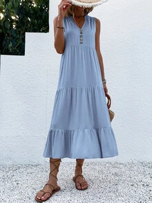 LUMIGAL Button Detail Ruffle Hem Smock Dress Maxi Women Outfit - Baby Blue - View 7