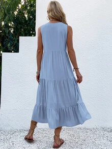 LUMIGAL Button Detail Ruffle Hem Smock Dress Maxi Women Outfit - Baby Blue - View 2