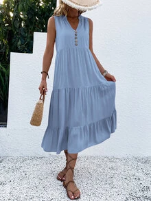 LUMIGAL Button Detail Ruffle Hem Smock Dress Maxi Women Outfit - Baby Blue - View 6