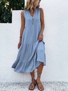 LUMIGAL Button Detail Ruffle Hem Smock Dress Maxi Women Outfit - Baby Blue - View 8
