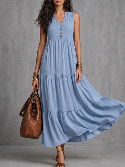 LUMIGAL Button Detail Ruffle Hem Smock Dress Maxi Women Outfit