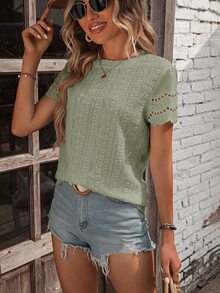 LUMIGAL Women's Fashion Embroidered Hollow Round Neck Knit T-Shirt For Vacation - Green - View 8