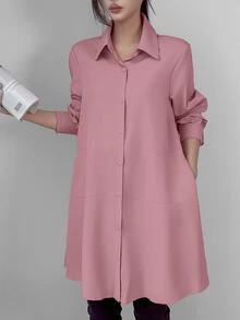 LUMIGAL Women's Spring/Summer Casual Loose Solid Color Long Sleeve Shirt,Long Sleeve Tops Fall Cloth For Women - Dusty Pink - View 9