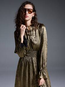 MYSTAURA Gaun Wanita Kerah Mandarin Lengan Raglan Manset Flare, Elegan & Modis - Emas - View 6