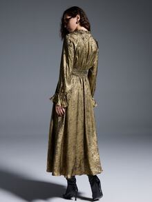 MYSTAURA Gaun Wanita Kerah Mandarin Lengan Raglan Manset Flare, Elegan & Modis - Emas - View 2