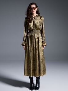 MYSTAURA Gaun Wanita Kerah Mandarin Lengan Raglan Manset Flare, Elegan & Modis - Emas - View 3