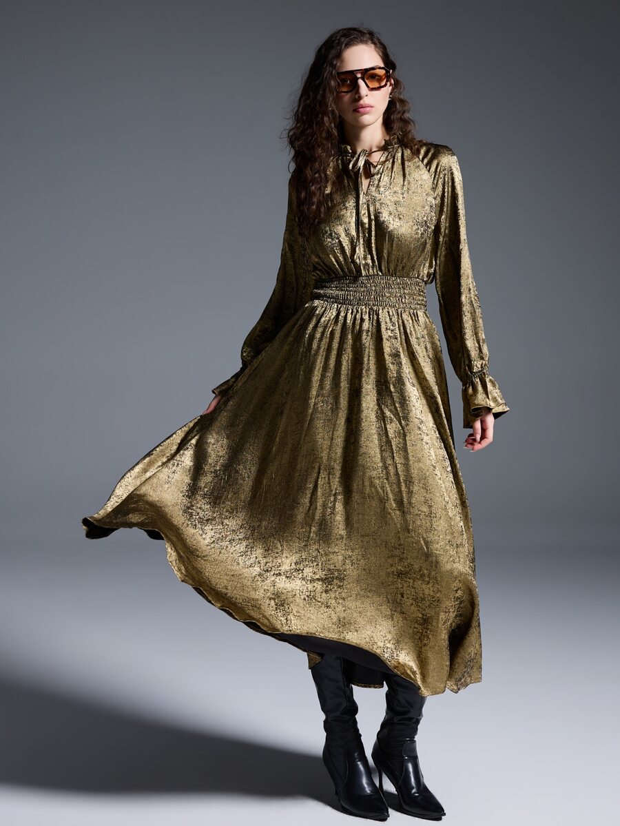 MYSTAURA Gaun Wanita Kerah Mandarin Lengan Raglan Manset Flare, Elegan & Modis - Emas - View 1