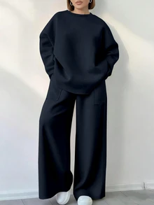 SHEIN Women's Solid Color Crew Neck Long Sleeve Top And Wide Leg Pants Casual 2-Piece Set - Navy Blue - View 1
