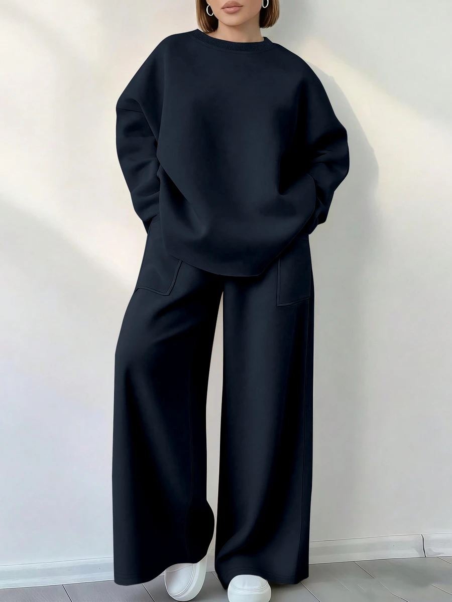 SHEIN Women's Solid Color Crew Neck Long Sleeve Top And Wide Leg Pants Casual 2-Piece Set - Navy Blue - View 1
