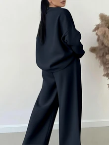 SHEIN Women's Solid Color Crew Neck Long Sleeve Top And Wide Leg Pants Casual 2-Piece Set - Navy Blue - View 2