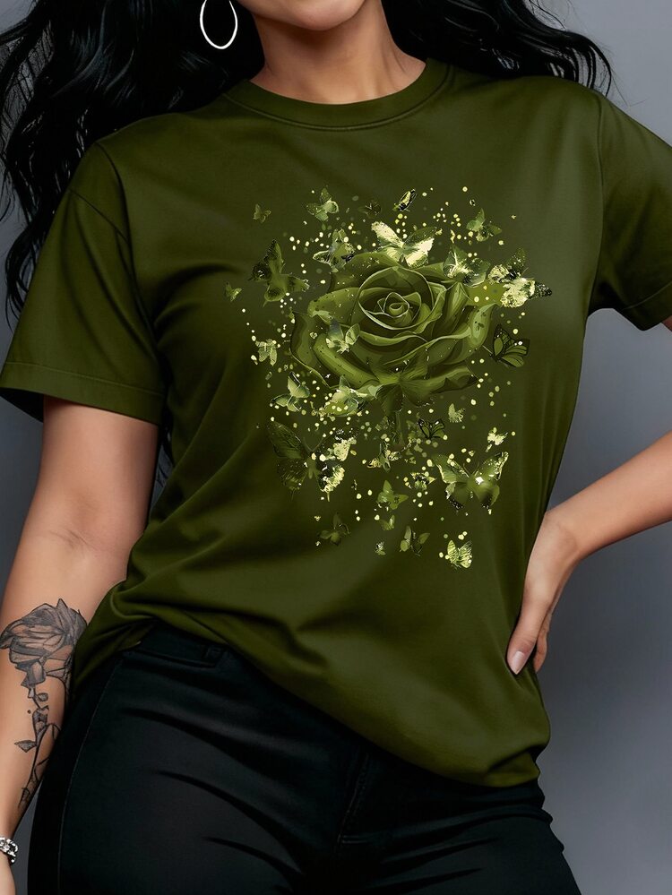 Rovax Women's Casual Floral Print Round Neck Short Sleeve T-Shirt, Summer - Army Green - View 1
