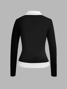 IslaSuriya Women's Knight Print Button Half Placket Long Sleeve Casual Top - Black - View 2