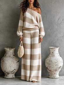 SHEIN Women's Autumn/Winter Striped Asymmetric Neck Knit Set, Loose Casual Elegant Sweater Set - Camel - View 5