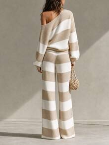 SHEIN Women's Autumn/Winter Striped Asymmetric Neck Knit Set, Loose Casual Elegant Sweater Set - Camel - View 2