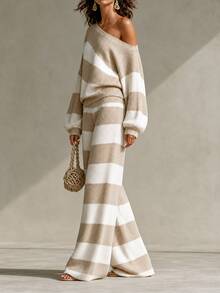 SHEIN Women's Autumn/Winter Striped Asymmetric Neck Knit Set, Loose Casual Elegant Sweater Set - Camel - View 4