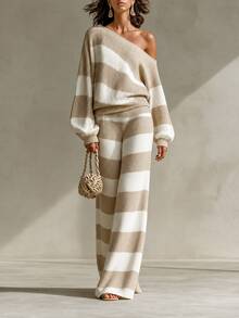 SHEIN Women's Autumn/Winter Striped Asymmetric Neck Knit Set, Loose Casual Elegant Sweater Set - Camel - View 3