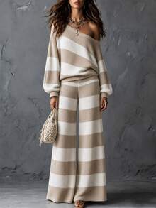 SHEIN Women's Autumn/Winter Striped Asymmetric Neck Knit Set, Loose Casual Elegant Sweater Set - Camel - View 1