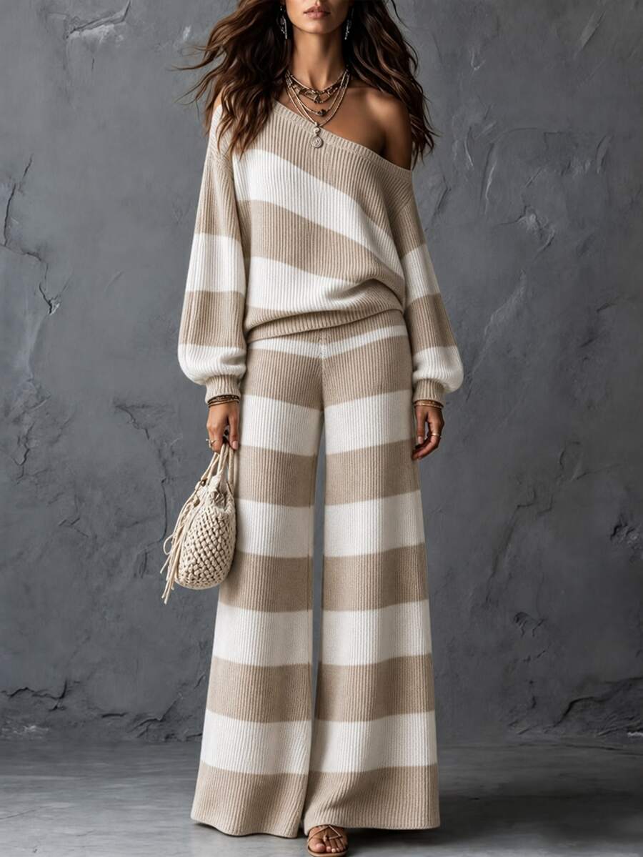 SHEIN Women's Autumn/Winter Striped Asymmetric Neck Knit Set, Loose Casual Elegant Sweater Set - Camel - View 1
