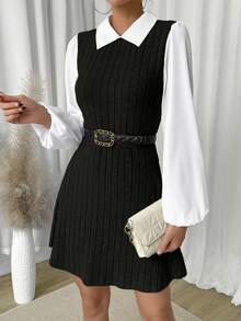 RosyDaze 1pc Women Solid Color Patchwork Long Sleeve Casual Short Dress Fall Cloth For Women - Black - View 7