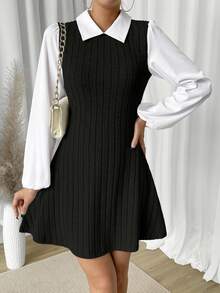 RosyDaze 1pc Women Solid Color Patchwork Long Sleeve Casual Short Dress Fall Cloth For Women - Black - View 4