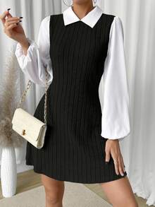 RosyDaze 1pc Women Solid Color Patchwork Long Sleeve Casual Short Dress Fall Cloth For Women - Black - View 1