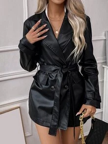 SHEIN Double Breasted Belted PU Leather Trench Coat Fall Winter Cloth For Women - Black - View 8