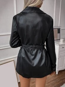 SHEIN Double Breasted Belted PU Leather Trench Coat Fall Winter Cloth For Women - Black - View 5