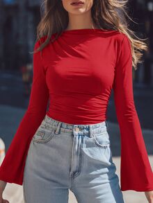 RosyDaze Women's Solid Color Flare Sleeve Fitted Bodysuit, Christmas - Red - View 4