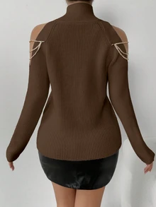 RosyDaze Women's Fashion Casual Off-Shoulder Chain High Collar Ribbed Knit Sweater - Brown - View 2
