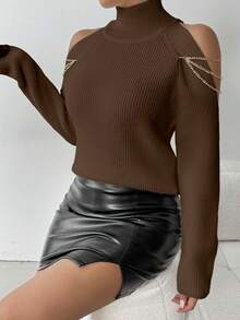 RosyDaze Women's Fashion Casual Off-Shoulder Chain High Collar Ribbed Knit Sweater - Brown - View 8