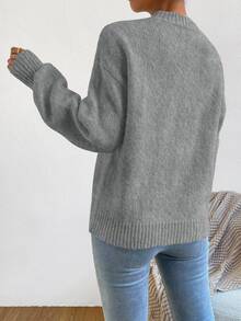 SHEIN Women's Dark Grey Round Neck Raglan Lantern Sleeve Wool Blend Pullover Sweater - Dark Grey - View 2