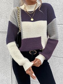 EMERY ROSE Women's Contrast Color High Neck Drop Shoulder Long Sleeve Knit Casual Loose Pullover Sweater,Dark Purple,Autumn,Brunch Color Block Fall Tops - Multicolor - View 4