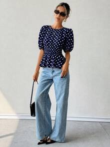 Ritzy Row 女款春夏時尚舒適休閒復古通勤圓領波點印花優雅收腰花瓣袖襯衫 茶會風 - 藍色 - 查看 7