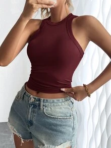 SHEIN 女士水钻装饰圆领修身休闲背心，夏季连衣裙上衣紧身背心性感背心女士性感上衣酒红色上衣勃艮第酒红色上衣深红色上衣性感女士上衣瑜伽上衣运动上衣女士夏季上衣紧身上衣 - 酒紅色 - 查看 7