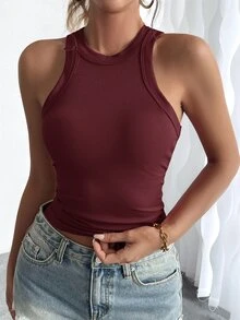SHEIN 女士水钻装饰圆领修身休闲背心，夏季连衣裙上衣紧身背心性感背心女士性感上衣酒红色上衣勃艮第酒红色上衣深红色上衣性感女士上衣瑜伽上衣运动上衣女士夏季上衣紧身上衣 - 酒紅色 - 查看 6