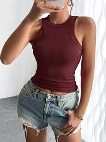 SHEIN 女士水钻装饰圆领修身休闲背心，夏季连衣裙上衣紧身背心性感背心女士性感上衣酒红色上衣勃艮第酒红色上衣深红色上衣性感女士上衣瑜伽上衣运动上衣女士夏季上衣紧身上衣 - 酒紅色 - 查看 8