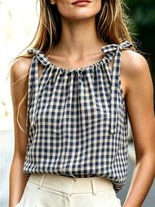 Franclia Women's Plaid Frill Trim Casual Boho Versatile Everyday Outing Shirt Picnic Vacation Navy And White Summer - Blue - View 3