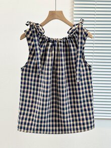 Franclia Women's Plaid Frill Trim Casual Boho Versatile Everyday Outing Shirt Picnic Vacation Navy And White Summer - Blue - View 2