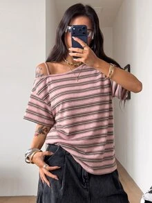 Coolane 女款秋季街頭風休閒時尚粉色條紋寬鬆露肩短袖T恤 - 珊瑚粉 - 查看 1