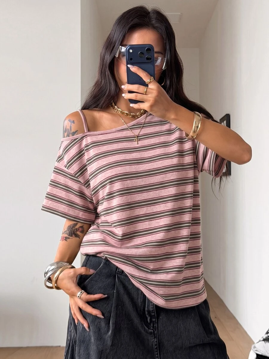 Coolane 女款秋季街頭風休閒時尚粉色條紋寬鬆露肩短袖T恤 - 珊瑚粉 - 查看 1
