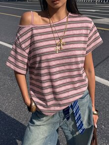Coolane 女款秋季街頭風休閒時尚粉色條紋寬鬆露肩短袖T恤 - 珊瑚粉 - 查看 2