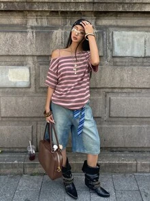 Coolane 女款秋季街頭風休閒時尚粉色條紋寬鬆露肩短袖T恤 - 珊瑚粉 - 查看 3
