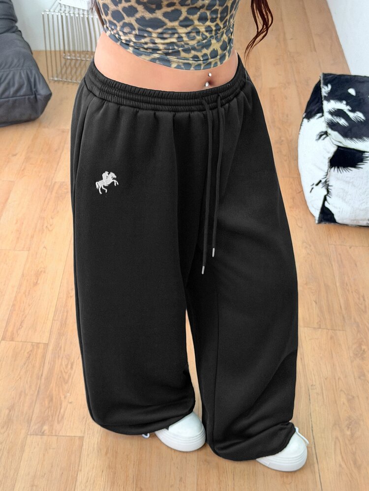 Coolane Women's Men's Plus Size Fall Winter Streetwear Casual Gym Baggy Mid Rise Wide Leg Elastic Waistband Black Warm Sweatpants - Black - View 5