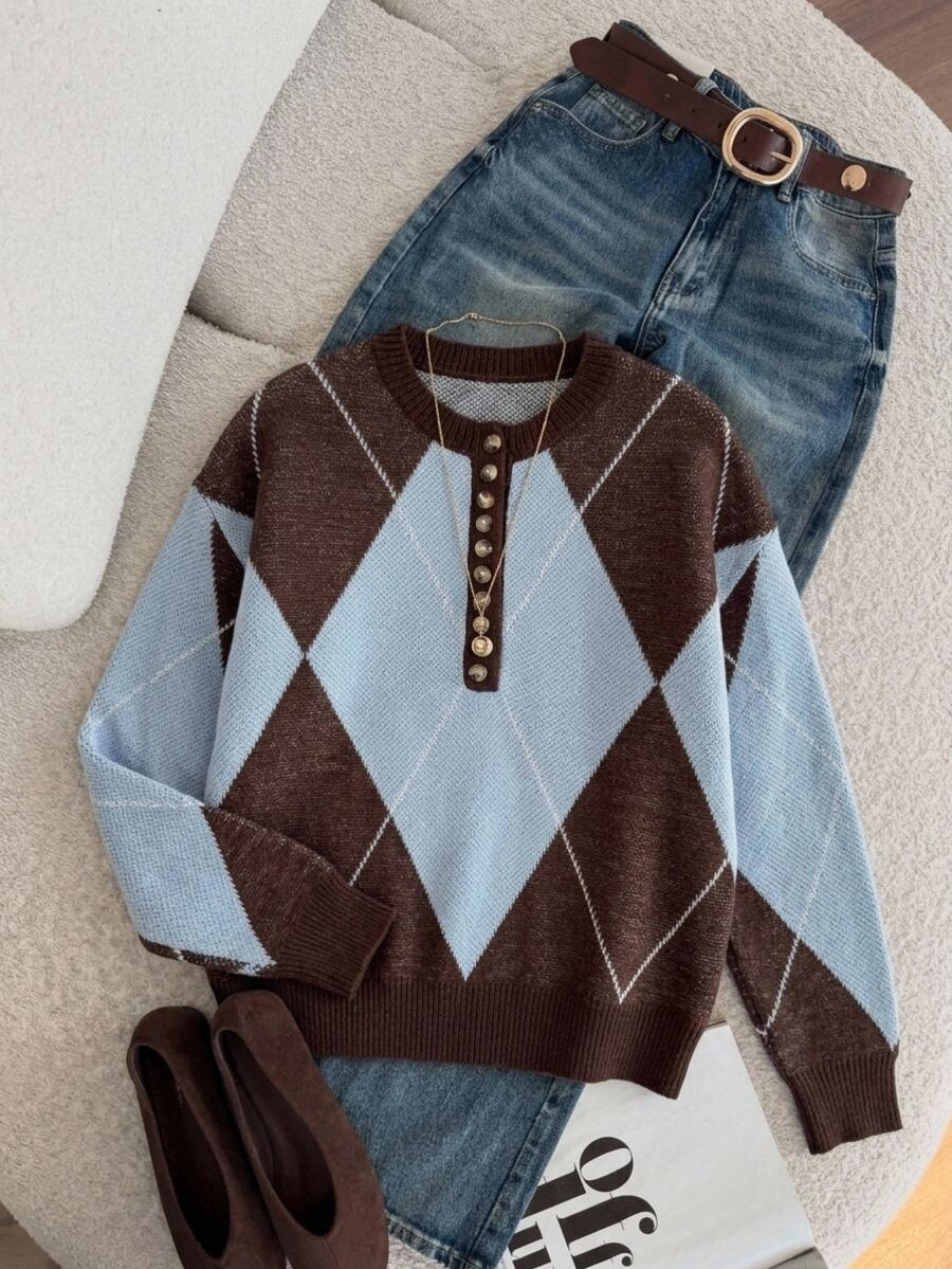 Muvela Women's Casual Retro Preppy Vintage Colorblock Argyle Sweater, Autumn/Winter Everyday School Brown And Blue - Coffee Brown - View 1