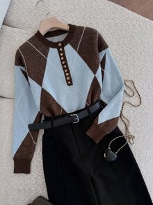 Muvela Women's Casual Retro Preppy Vintage Colorblock Argyle Sweater, Autumn/Winter Everyday School Brown And Blue - Coffee Brown - View 8