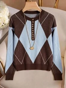 Muvela Women's Casual Retro Preppy Vintage Colorblock Argyle Sweater, Autumn/Winter Everyday School Brown And Blue - Coffee Brown - View 3